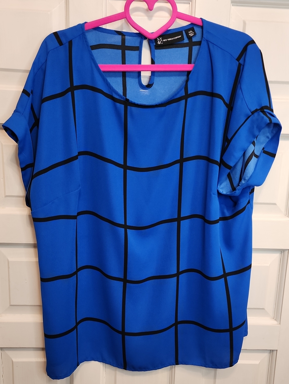New York & Company Royal Blue And Black Checked Grid-Print Short Sleeve Blouse